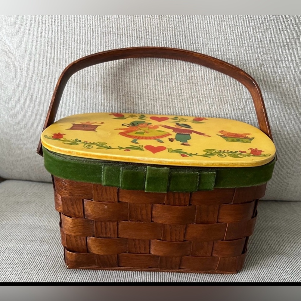 Vintage Wooden Picnic Basket Purse 1960s Folk